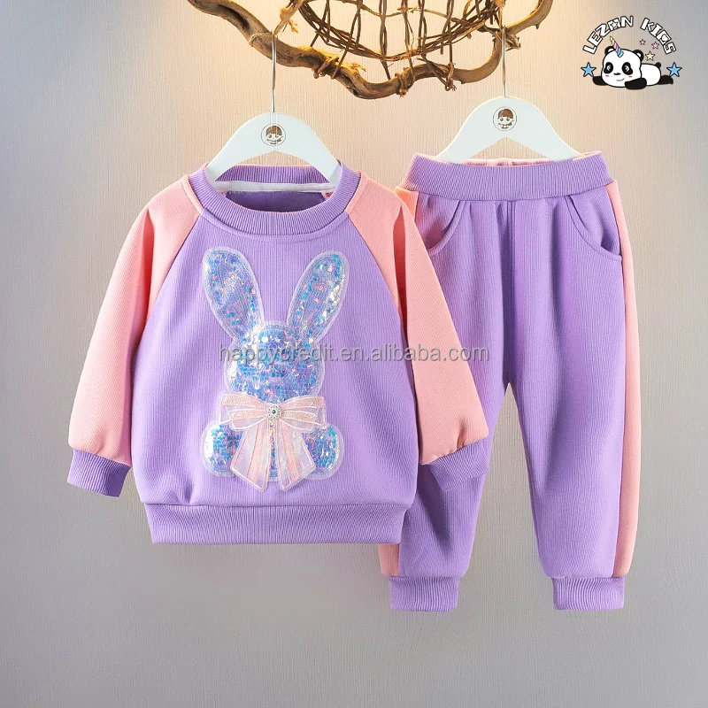 LEZONKIDS - Conjunto de roupas para meninas com alta qualidade, logotipo personalizado com coelho de lantejoulas para conjuntos de roupas de inverno para crianças
